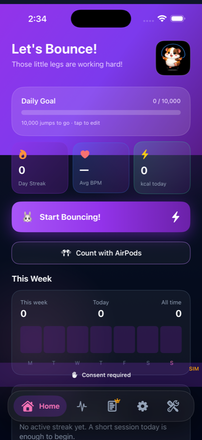 GuineaBounce home screen with daily goal and weekly chart